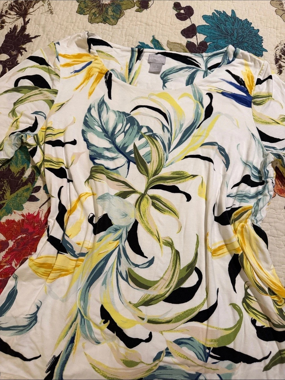 Chico's Abstract Floral Blouse in White & Green